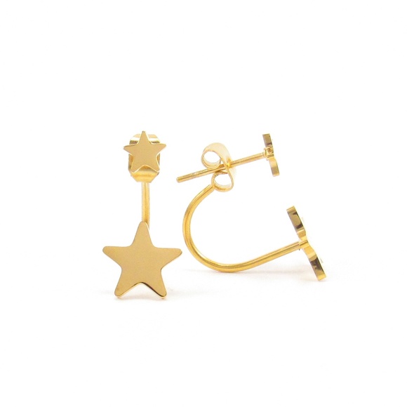Gold Star Ear Jacket Earrings Small Cute Double - Picture 4 of 6